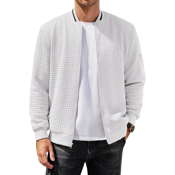 Men's Sweatshirt Bomber Jacket White Casual Zip Up Waffle Knit Lightweight